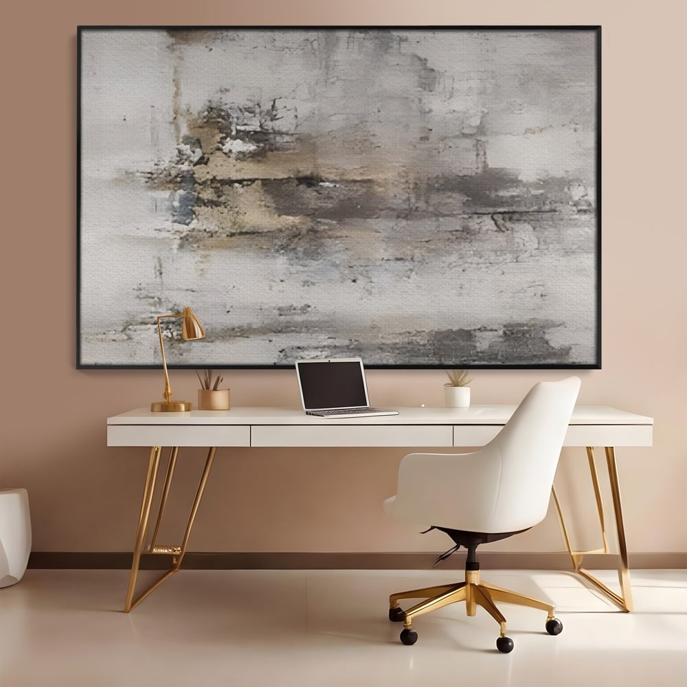 Tablou canvas cu pictura abstracta cu texturi gri si bronz, in rama de aluminiu negru, pe perete intr-un birou